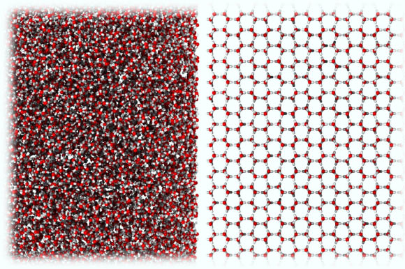 A new form of ice very similar in molecular structure to liquid water (left), compared to ordinary crystalline ice (right). Image credit: Rosu-Finsen et al., doi: 10.1126/science.abq2105.