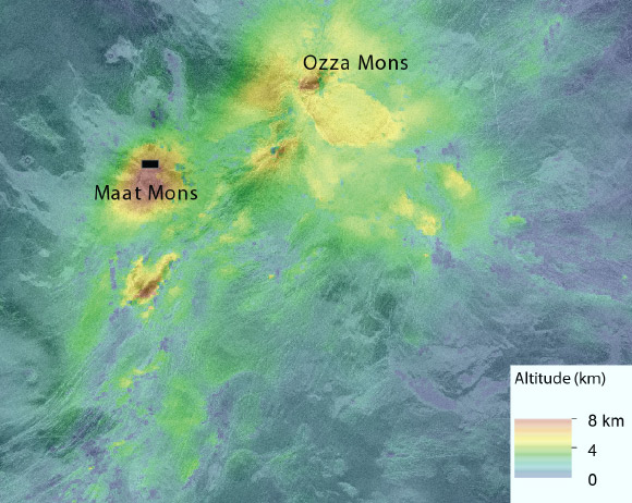 Topography and image of the study area on Venus; color indicates elevations, measured relative to the mean planetary radius from gridded Magellan altimetry. Image credit: Robert Herrick & Scott Hensley, doi: 10.1126/science.abm7735.