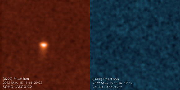 The Large Angle and Spectrometric Coronagraph (LASCO) on the NASA/ESA Solar and Heliospheric Observatory (SOHO) imaged asteroid Phaethon through different filters as the asteroid passed near the Sun in May 2022. On the left, the sodium-sensitive orange filter shows the asteroid with a surrounding cloud and small tail, suggesting that sodium atoms from the asteroid’s surface are glowing in response to sunlight. On the right, the dust-sensitive blue filter shows no sign of Phaethon, indicating that the asteroid is not producing any detectable dust. Image credit: NASA / ESA / Qicheng Zhang.