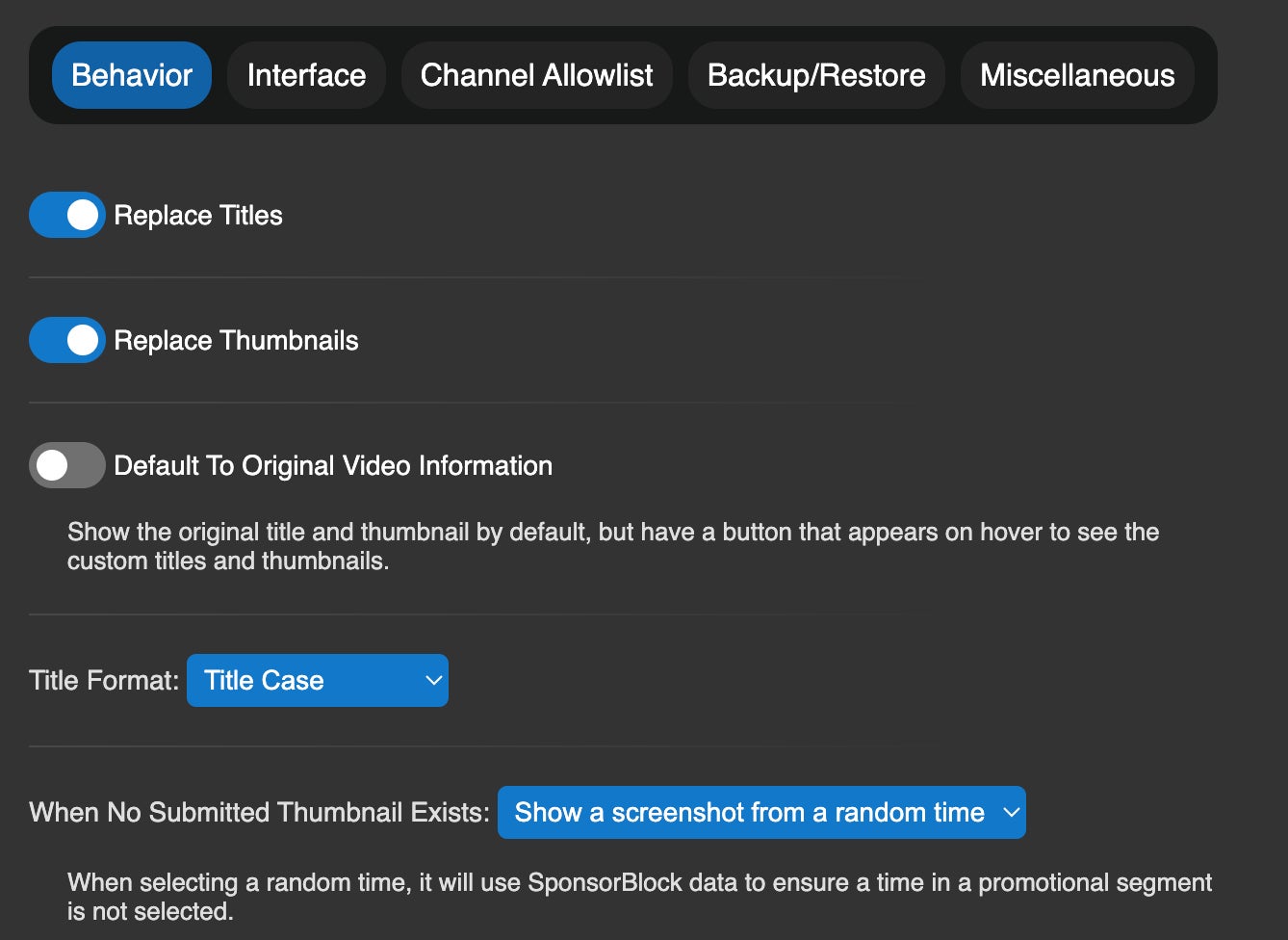 The settings interface for DeArrow, a browser extension that removes 