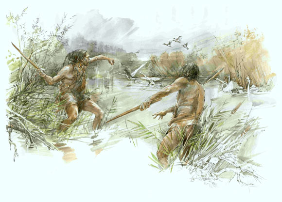 An artist’s impression of Homo heidelbergensis hunting birds. Image credit: Benoit Clarys.