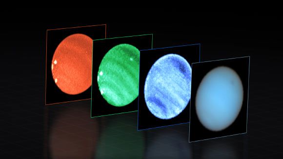 This image shows Neptune observed with the MUSE instrument on ESO’s Very Large Telescope. At each pixel within Neptune, MUSE splits the incoming light into its constituent colors or wavelengths. This is similar to obtaining images at thousands of different wavelengths all at once, which provides a wealth of valuable information to astronomers. The dark spot is most prominent at shorter (bluer) wavelengths. Right next to this dark spot MUSE also captured a small bright one, seen here only in the middle image at 831 nm and located deep in the atmosphere. This type of deep bright cloud had never been identified before on the planet. The images also show several other shallower bright spots towards the bottom-left edge of Neptune, seen at long wavelengths. Image credit: ESO / Irwin et al.