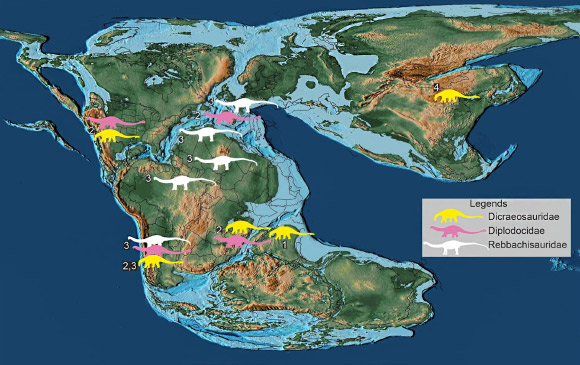 Paleogeographic distribution of diplodocoid dinosaurs with species of different ages plotted together in a simplified Middle Jurassic (170 million years ago) map to show their spatio-temporal distribution across Pangea. Silhouettes indicate the type of diplodocoid and fossil occurrences. Numbers adjoining sauropod silhouettes indicate age of the fossils as follows: 1 - Middle Jurassic (early-middle Bathonian); 2 - Late Jurassic; 3 - Cretaceous; 4 - Middle Jurassic (Callovian). Image credit: Bajpai et al., doi: 10.1038/s41598-023-39759-2.