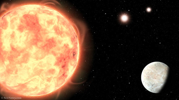 An artist’s impression of LTT 1445Ab in the triple-star system LTT 1445. Image credit: Sci.News.