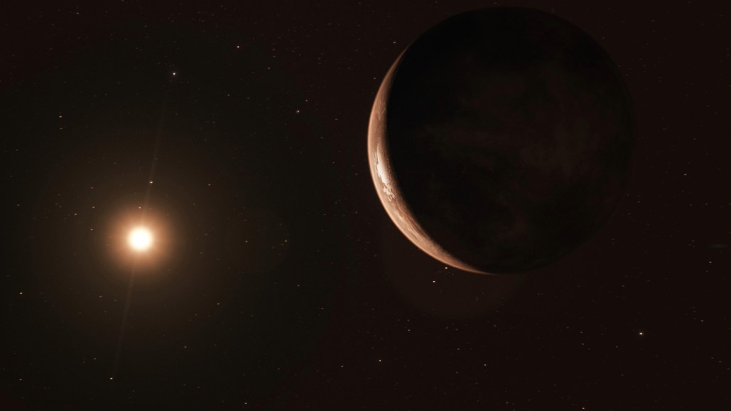 An illustration of an exoplanet in orbit around a star.