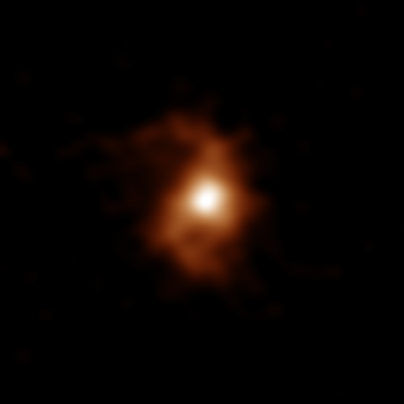 ALMA detected the emission from carbon ions in the BRI 1335-0417 galaxy. Image credit: ALMA / ESO / NAOJ / NRAO / T. Tsukui & S. Iguchi, doi: 10.1126/science.abe9680.