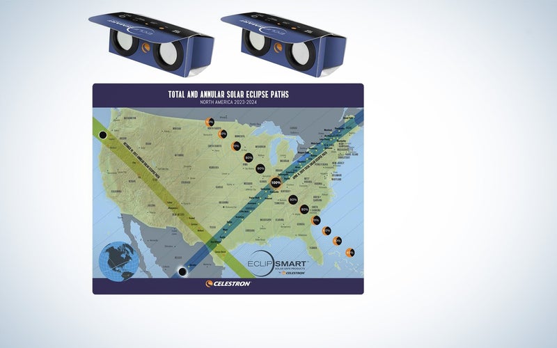 Celestron 2x magnification eclipse glasses with the map