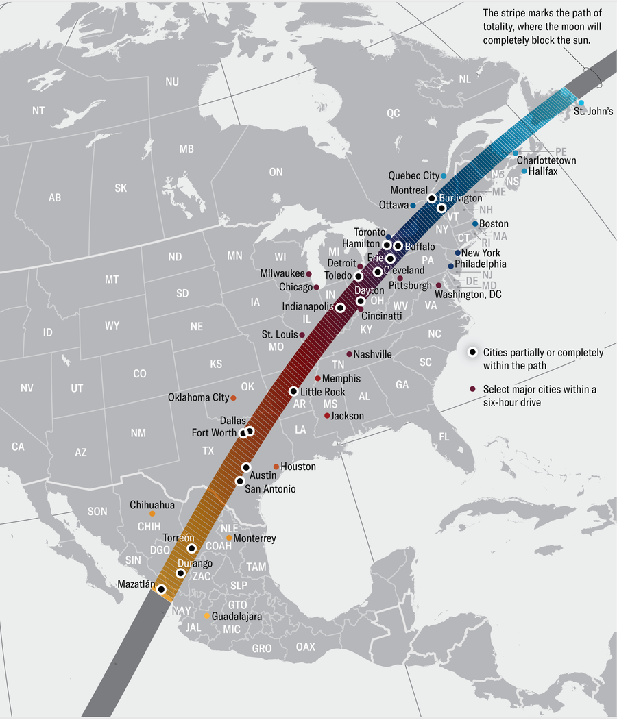 A band running across a map of North America marks the April 8, 2024, path of totality. The moon’s shadow hits land in Sinaloa, Mexico, and tracks northeast to Labrador, Canada.