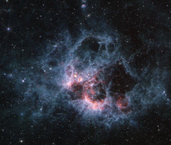 This image from Webb’s MIRI instrument of NGC 604 shows how large clouds of cooler gas and dust glow in mid-infrared wavelengths. Image credit: NASA / ESA / CSA / STScI.