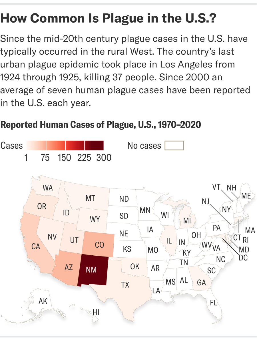 A map shows reported human cases of plague in the U.S. from 1970 to 2020. New Mexico has the highest number, with 253 cases. Thirty-two states and Washington, D.C., have had zero cases.