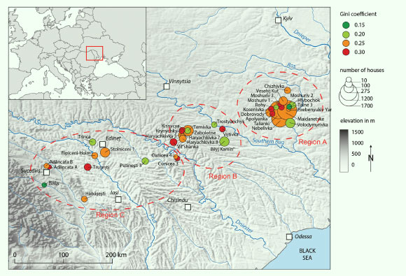 Distribution of surveyed Trypillia sites by region with sample sizes and Gini coefficients. Image credit: Hofmann et al., doi: 10.15184/aqy.2024.18.