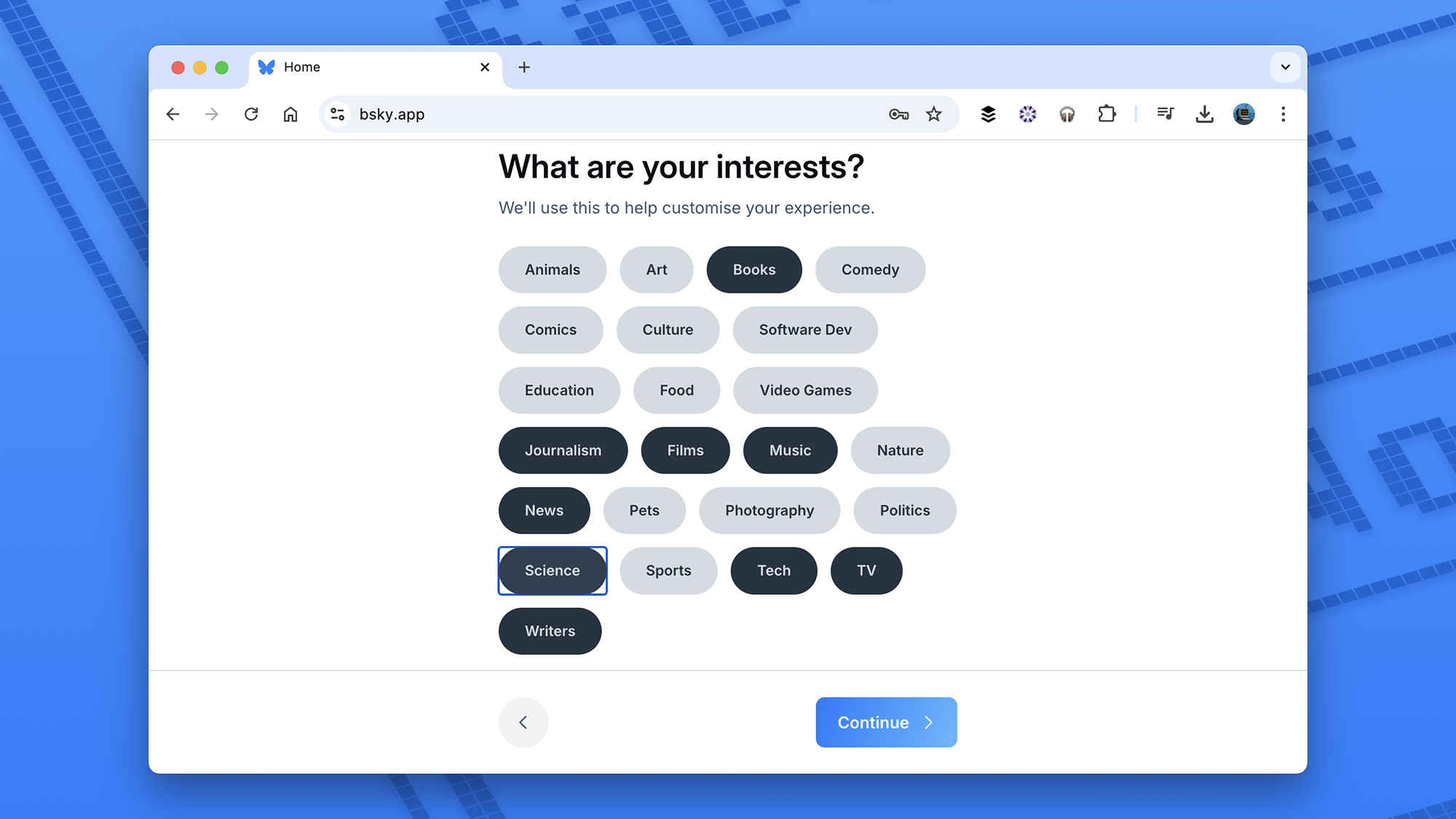 screenshot of bluesky interests page