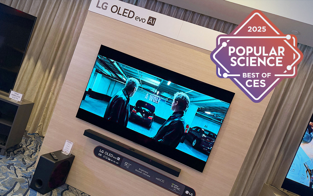 Best of winner LG OLED evo AI G5 TV hanging on a display at CES 2025