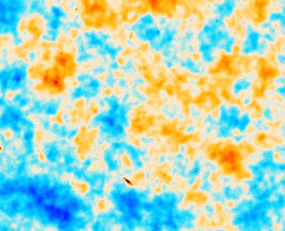 An image of the CMB radiation from the Atacama Cosmology Telescope; orange and blue represent more or less intense radiation. Image credit: ACT Collaboration.